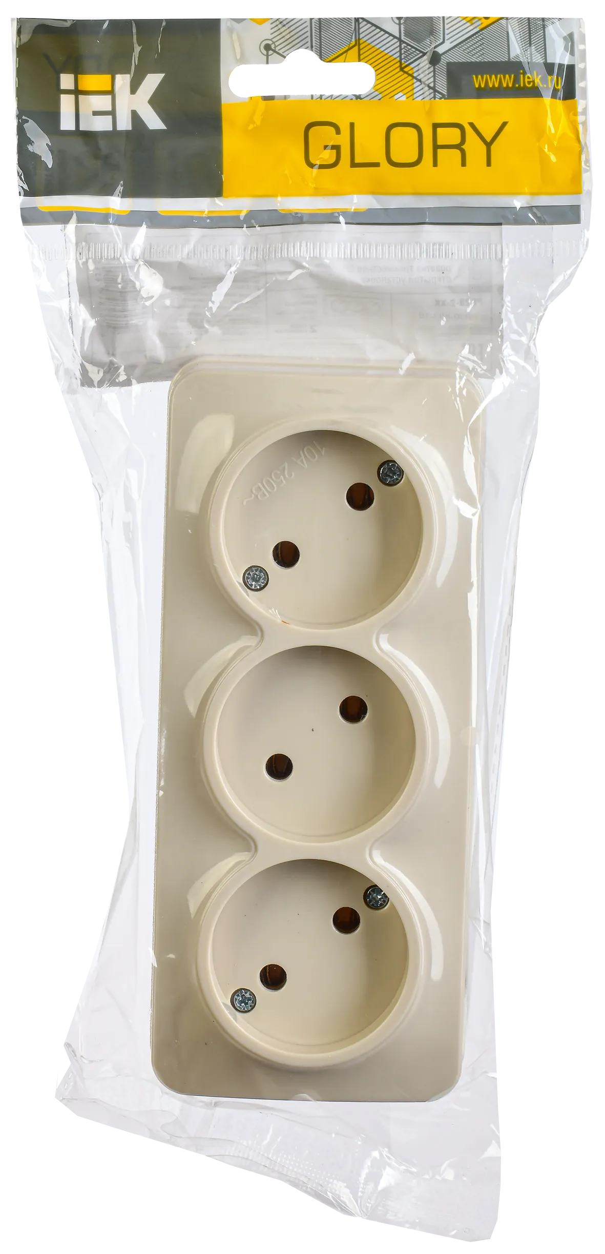 GLORY Розетка 3-местная для открытой установки без заземления без защитных шторок 10А РС23-2-ХК кремовый IEK - Фото 2