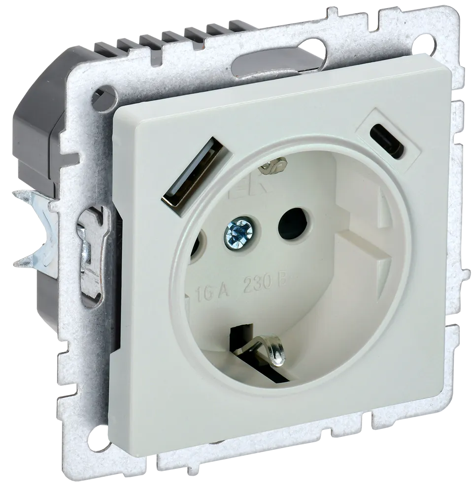 BRITE Розетка 1-местная с заземлением с защитными шторками 16А с USB A+C 18Вт РЮш11-1-БрЖ жемчуг IEK