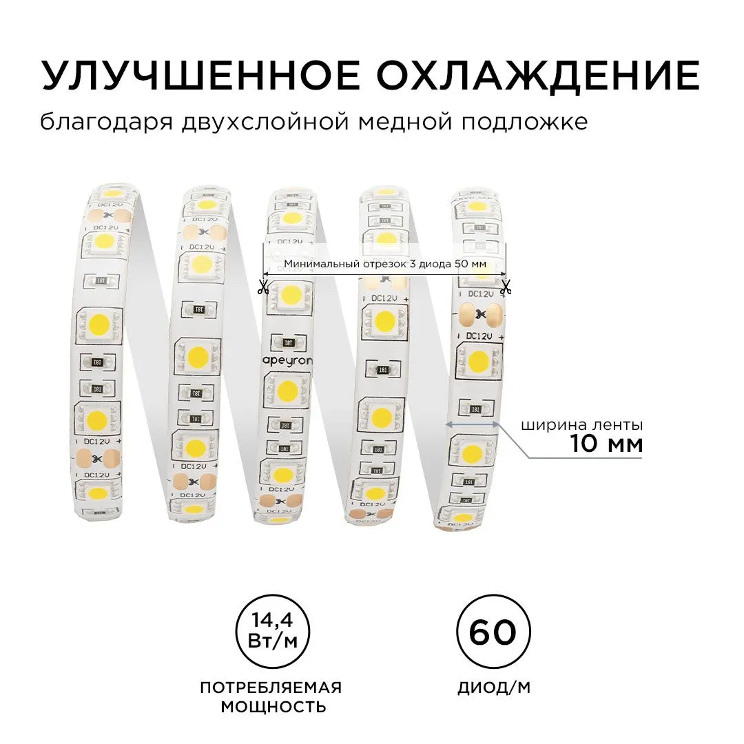Лента светодиодная СТ smd5050 60д/м 12В 3000К IP65 5м Apeyron - Фото 5