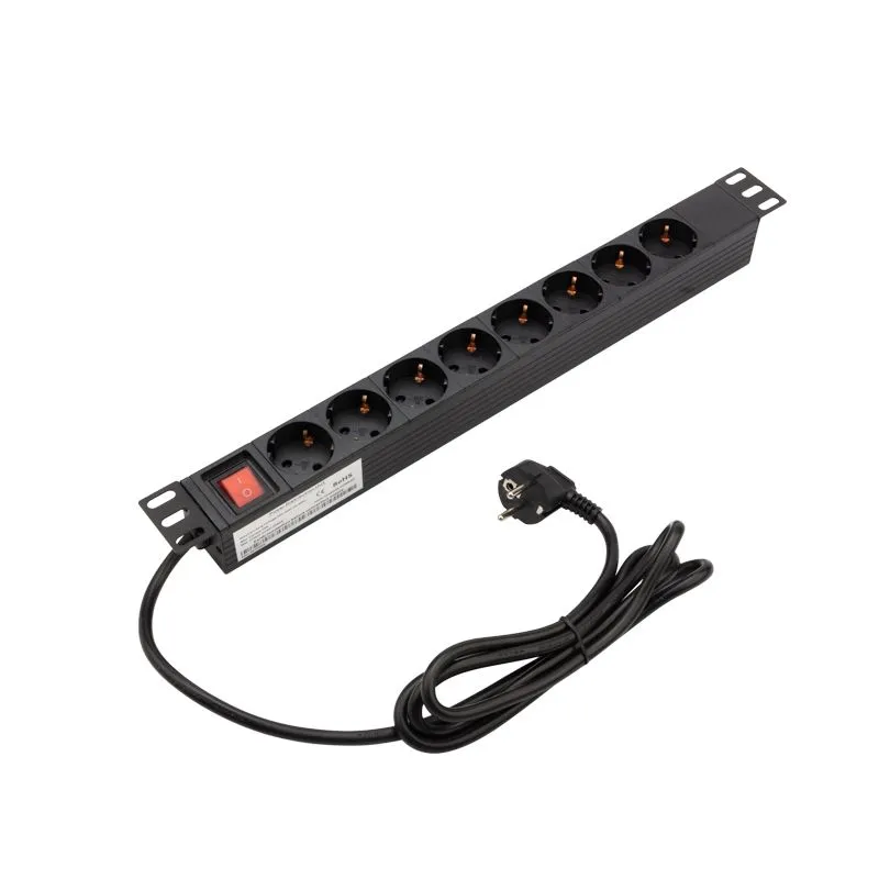 Блок розеток 19", 1U, 10А, 8 розеток, корпус алюминий, со шнуром питания 04-0309