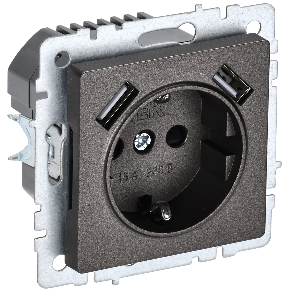 BRITE Розетка 1-местная с заземлением с защитными шторками 16А с USB A+A 5В 2,1А РЮш10-1-БрТБ темная бронза IEK