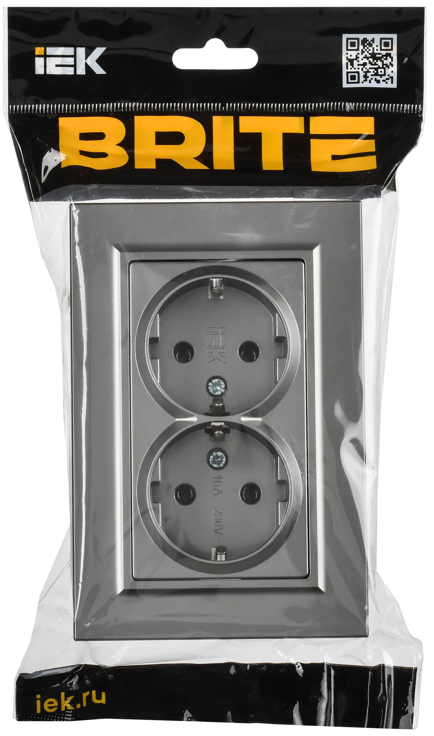 BRITE Розетка 2-местная с заземлением без защитных шторок плоская 16А в сборе РСПл12-3-БрС сталь IEK - Фото 2