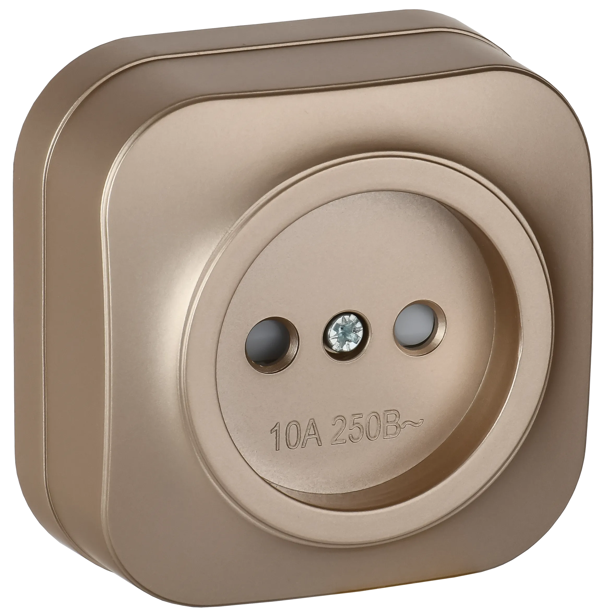 GLORY Розетка 1-местная для открытой установки без заземления с защитными шторками 10А РСш20-2-ХШм шампань матовый IEK ERH13-K37M-10