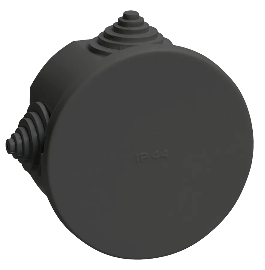 Коробка распаячная КМ41237 для открытой проводки с защелкивающейся крышкой безгалогенная (HF) D=75х40мм IP44 4 гермовводов черная (RAL 9005) IEK