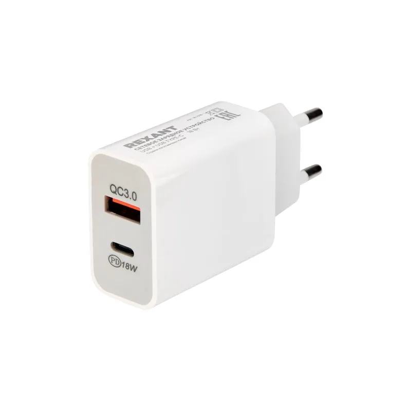Сетевое зарядное устройство REXANT USB-A+USB-C адаптер, 18W белое - Фото 4