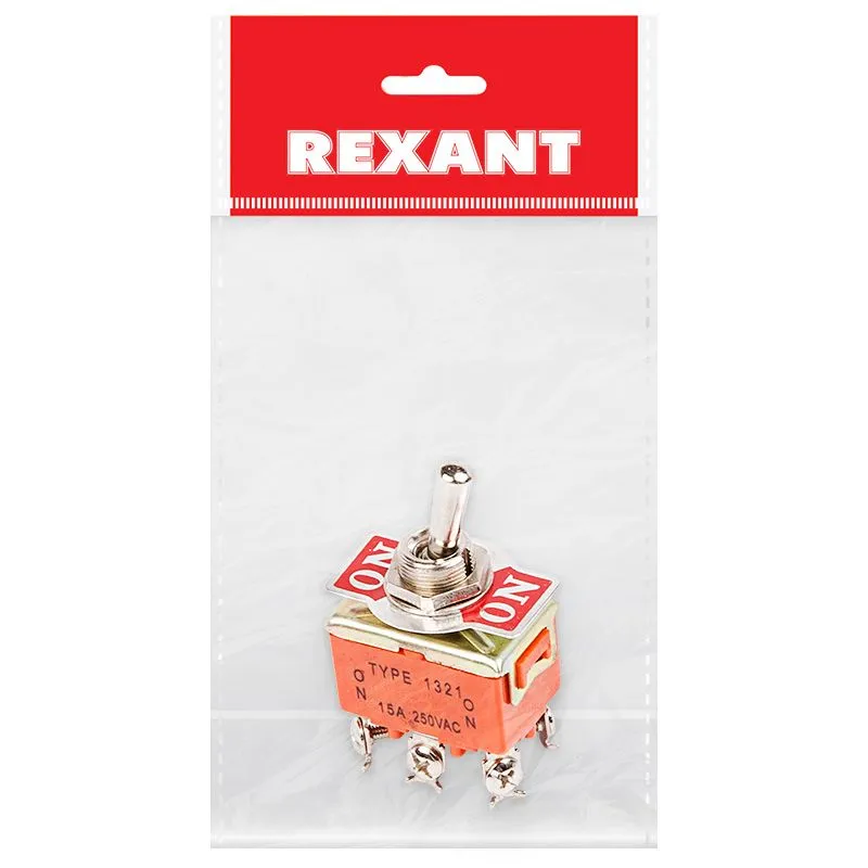 Тумблер 250V 15А (6c) ON-ON двухполюсный  (KN-202)  REXANT Индивидуальная упаковка 1 шт