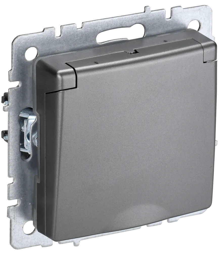 BRITE Розетка 1-местная с заземлением с защитными шторками и крышкой 16А IP44 РСбш10-3-44-БрС сталь IEK