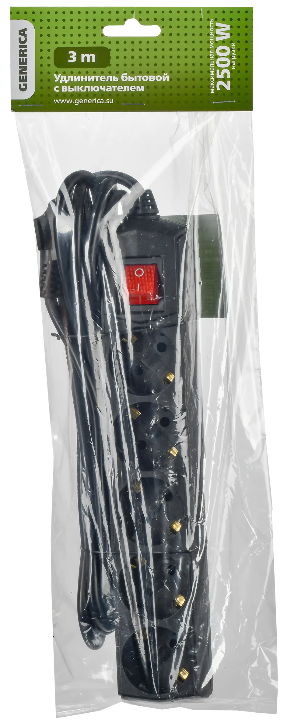 Удлинитель У05В 5 мест с заземлением 3м 3х1мм2 10А/250В черный GENERICA - Фото 2