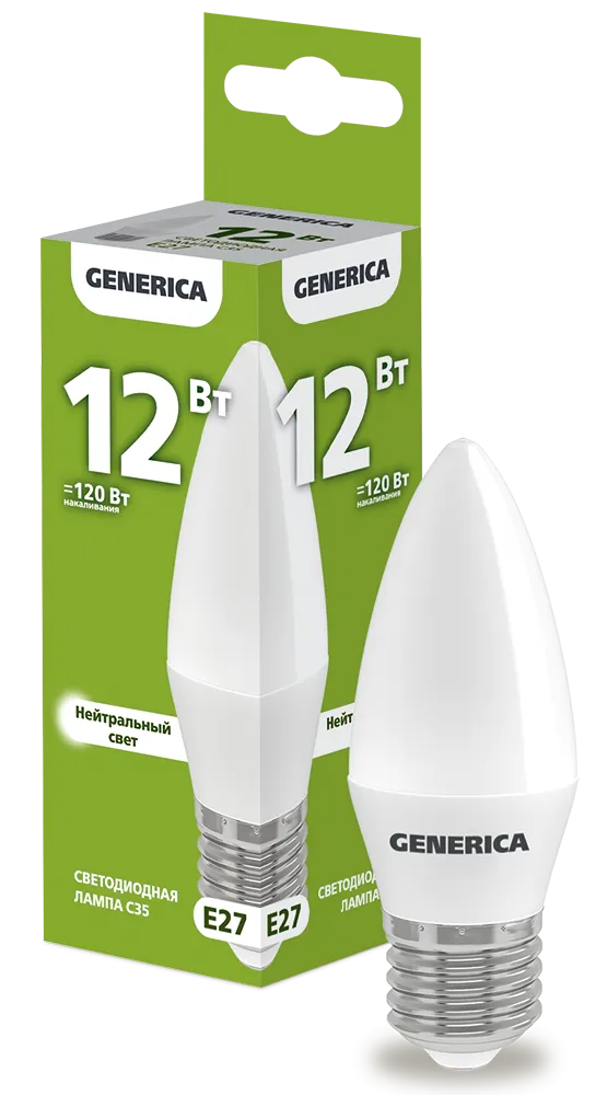 Лампа светодиодная C35 свеча 12Вт 230В 4000К E27 GENERICA