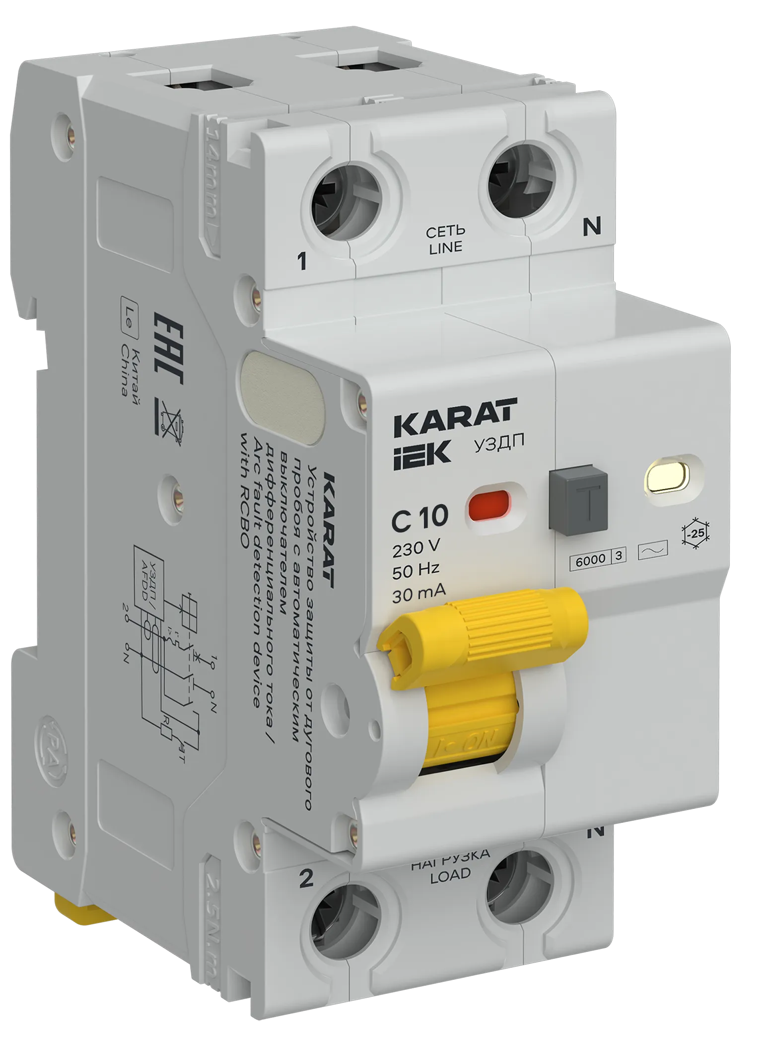 KARAT Устройство защиты от дугового пробоя с выключателем автоматическим дифференциального тока 1P+N C 10А 30мА тип AC IEK KA-DP12-1-010-C-030-AC