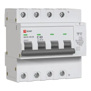 Диф. автомат 4P S 63А 100мА тип АС х-ка C эл. 6кА АД-4 EKF DA4-6-63-100S-pro