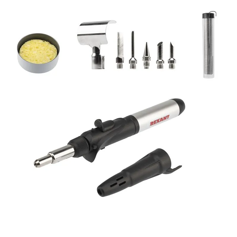 Паяльник-горелка с пьезоподжигом, газовый, 17мл, 6 насадок + припой + губка, коробка REXANT - Фото 3