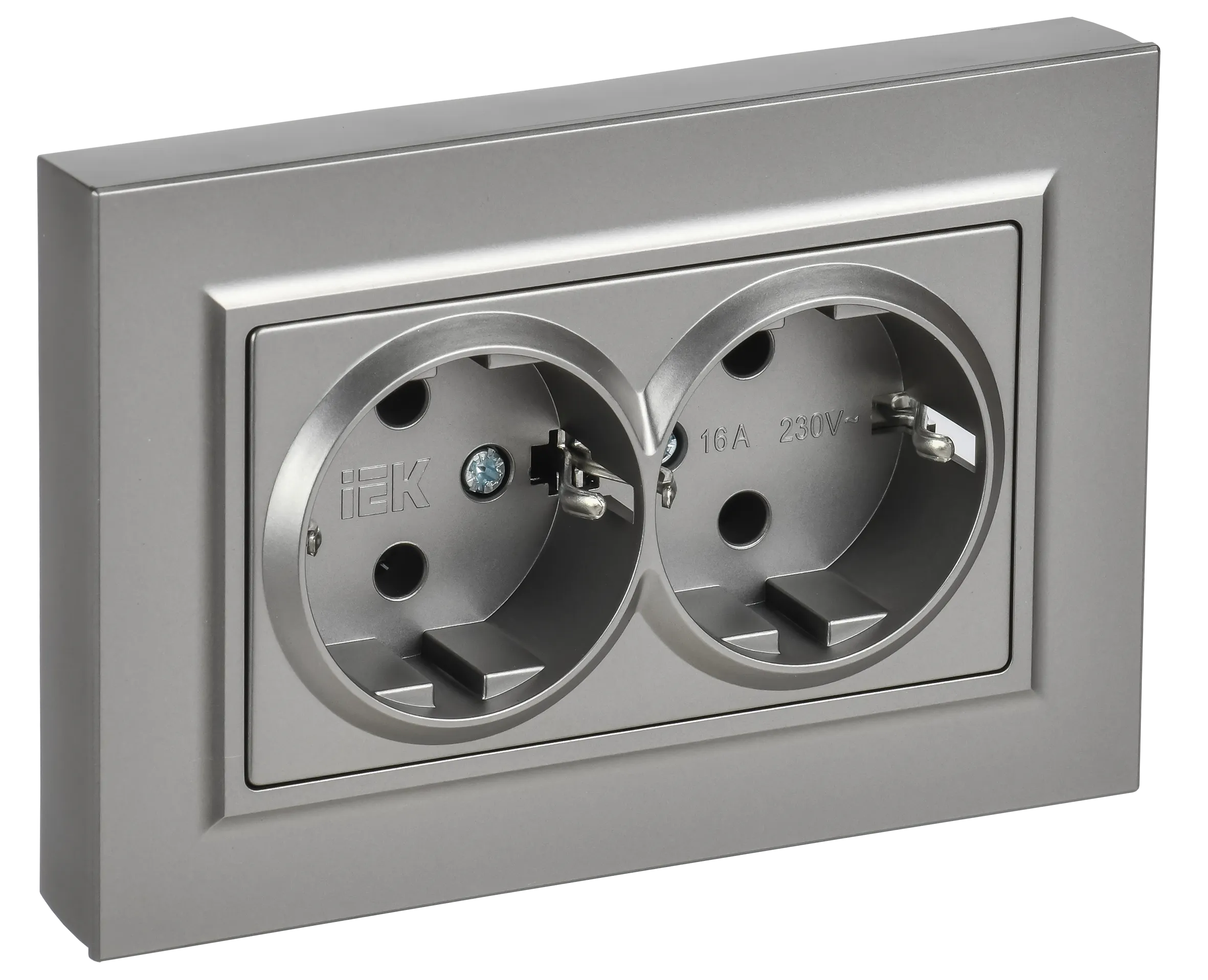 BRITE Розетка 2-местная с заземлением без защитных шторок плоская 16А в сборе РСПл12-3-БрС сталь IEK