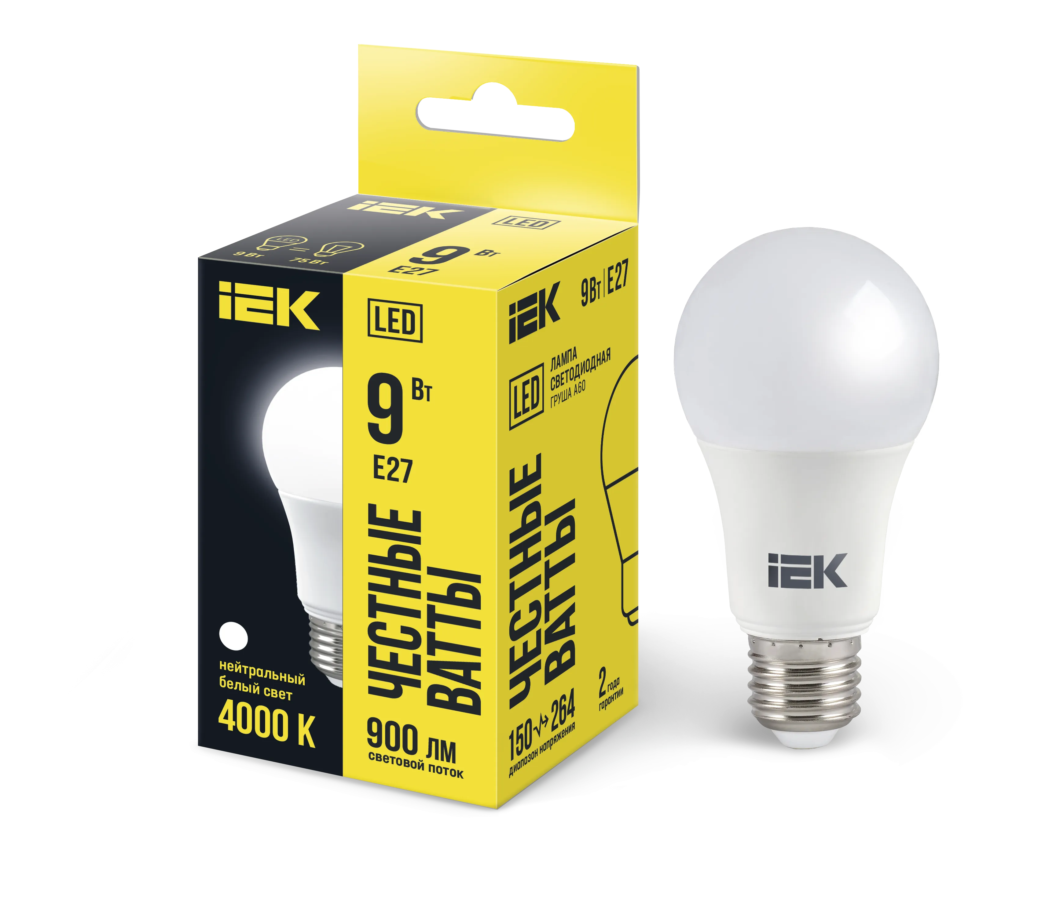 Лампа светодиодная A60 груша 9Вт 230В 4000К E27 IEK LLE-A60-9-230-40-E27