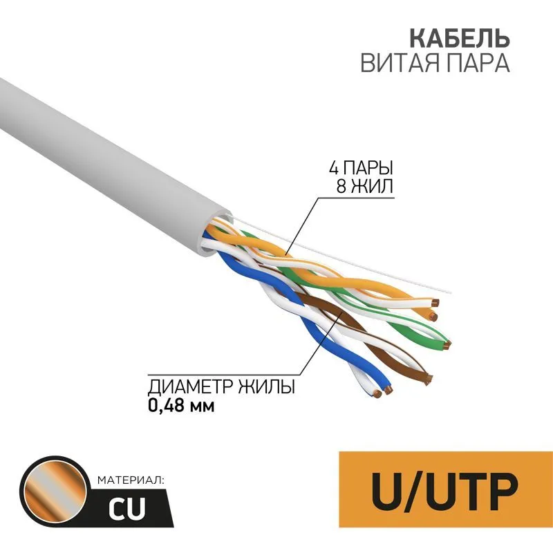 Кабель витая пара U/UTP, CAT 5e, PVC, 4PR, 24AWG, INDOOR, SOLID, серый, 100м PROconnect 01-0052-100