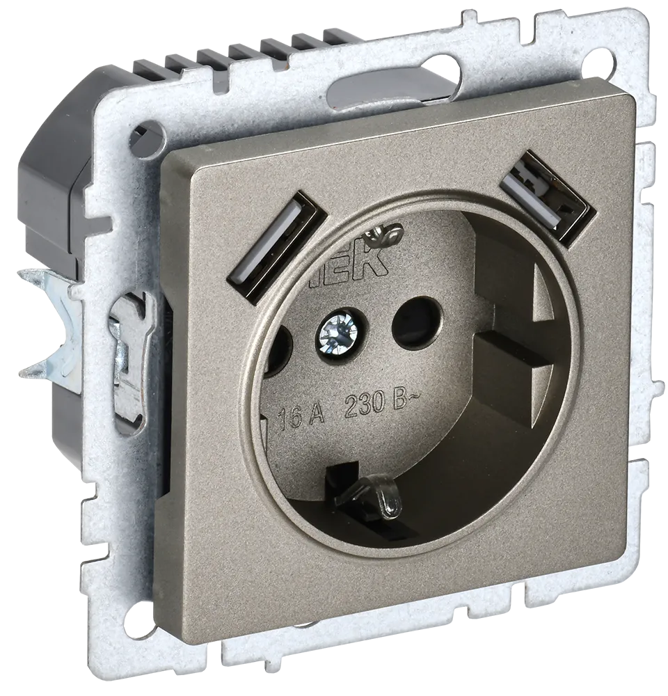 BRITE Розетка 1-местная с заземлением с защитными шторками 16А с USB A+A 5В 2,1А РЮш10-1-БрШ шампань IEK