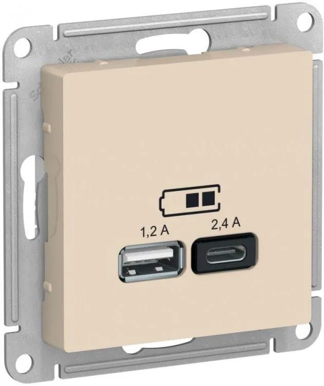 Розетка USB AtlasDesign тип A+C 5В/2.4А 2х5В/1.2А механизм беж. SE ATN000239
