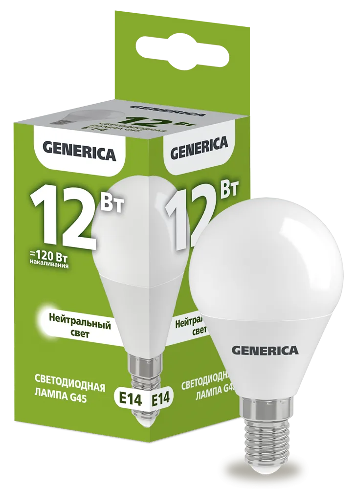 Лампа светодиодная G45 шар 12Вт 230В 4000К E14 GENERICA