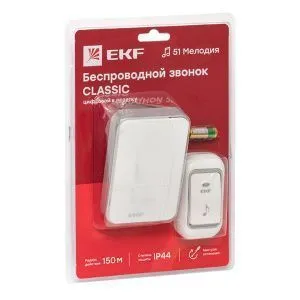 Звонок беспр. в розетку Classic (230В, бел.-сер. 51 мелод. с индик. 4 ур.) EKF DBS-002