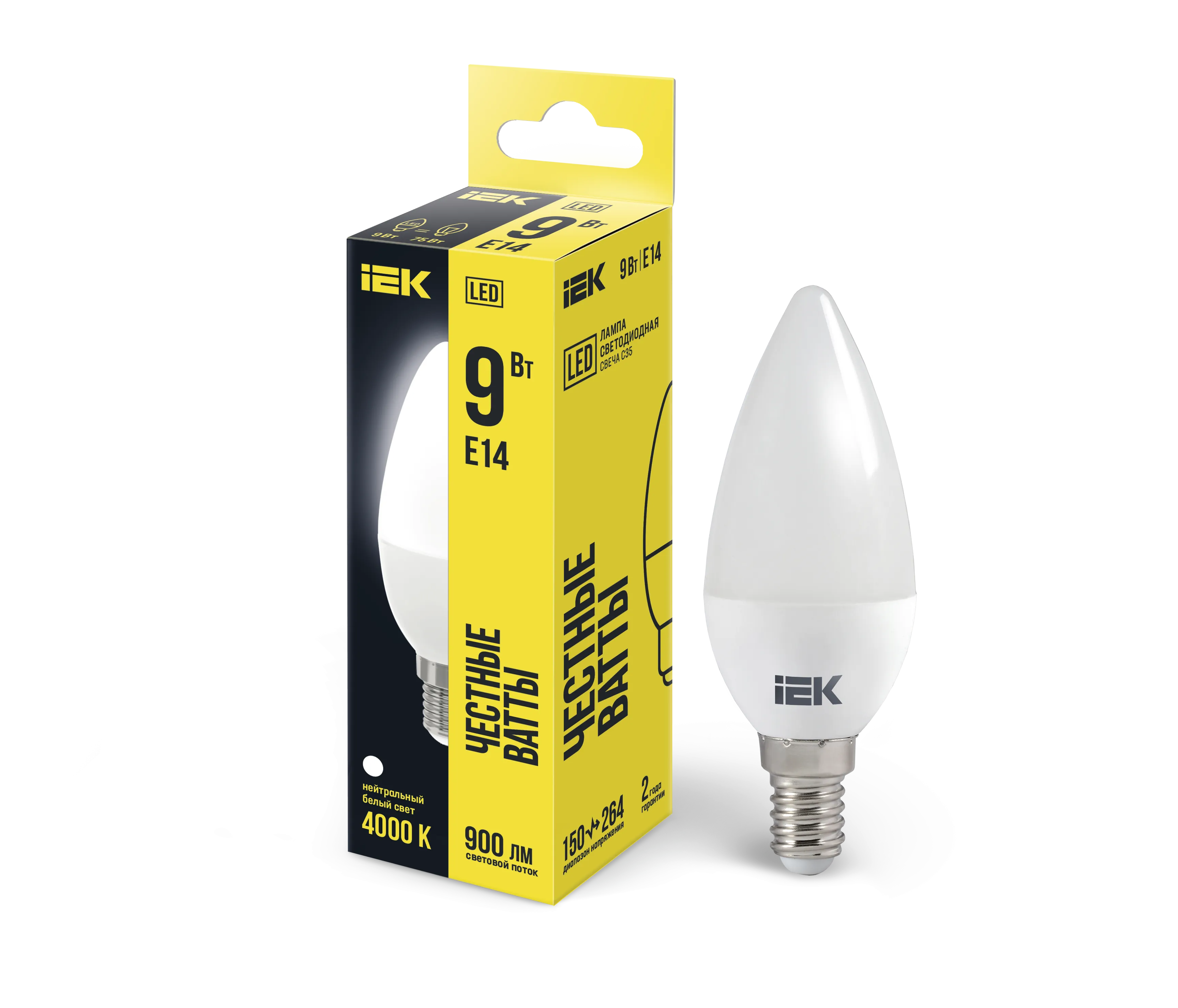 Лампа светодиодная C35 свеча 9Вт 230В 4000К E14 IEK LLE-C35-9-230-40-E14