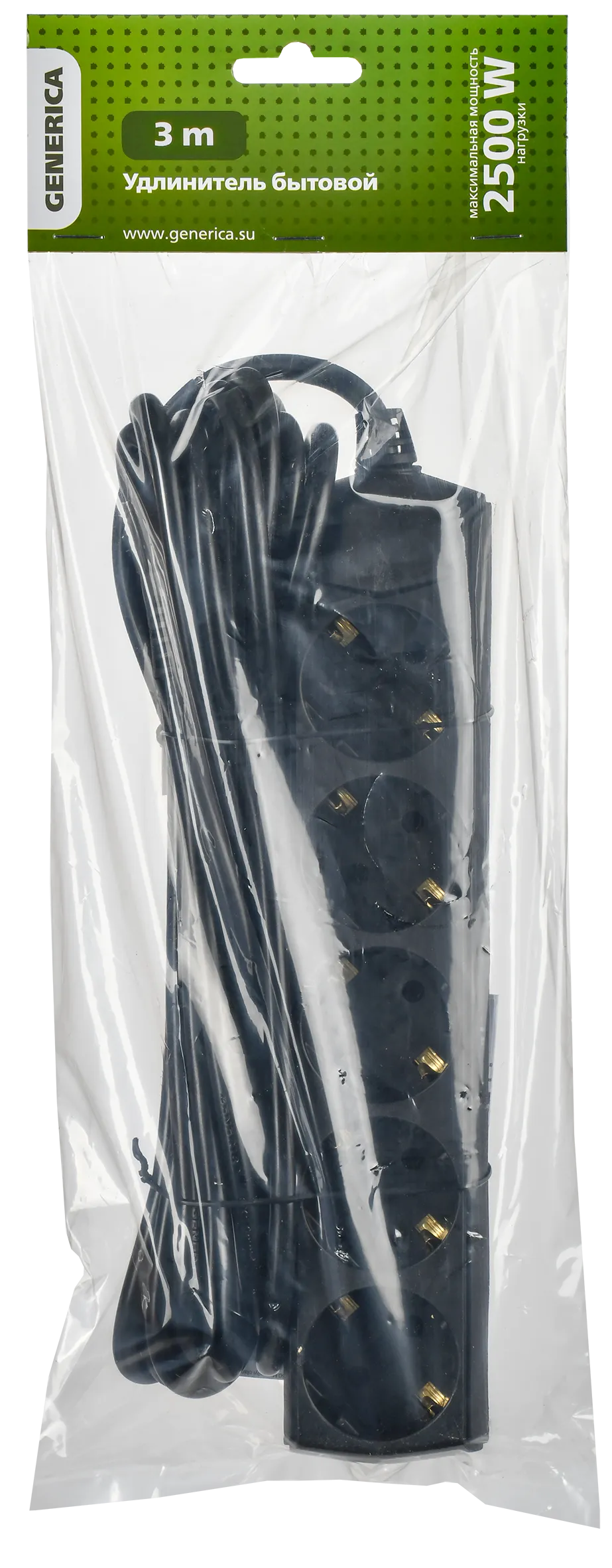 Удлинитель У05 5 мест с заземлением 3м 3х1мм2 10А/250В черный GENERICA - Фото 2