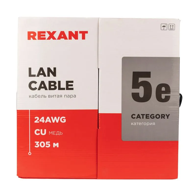 Кабель витая пара U/UTP, CAT 5e, PE, 4PR, 24AWG, OUTDOOR, SOLID, черный, 305м, REXANT - Фото 4