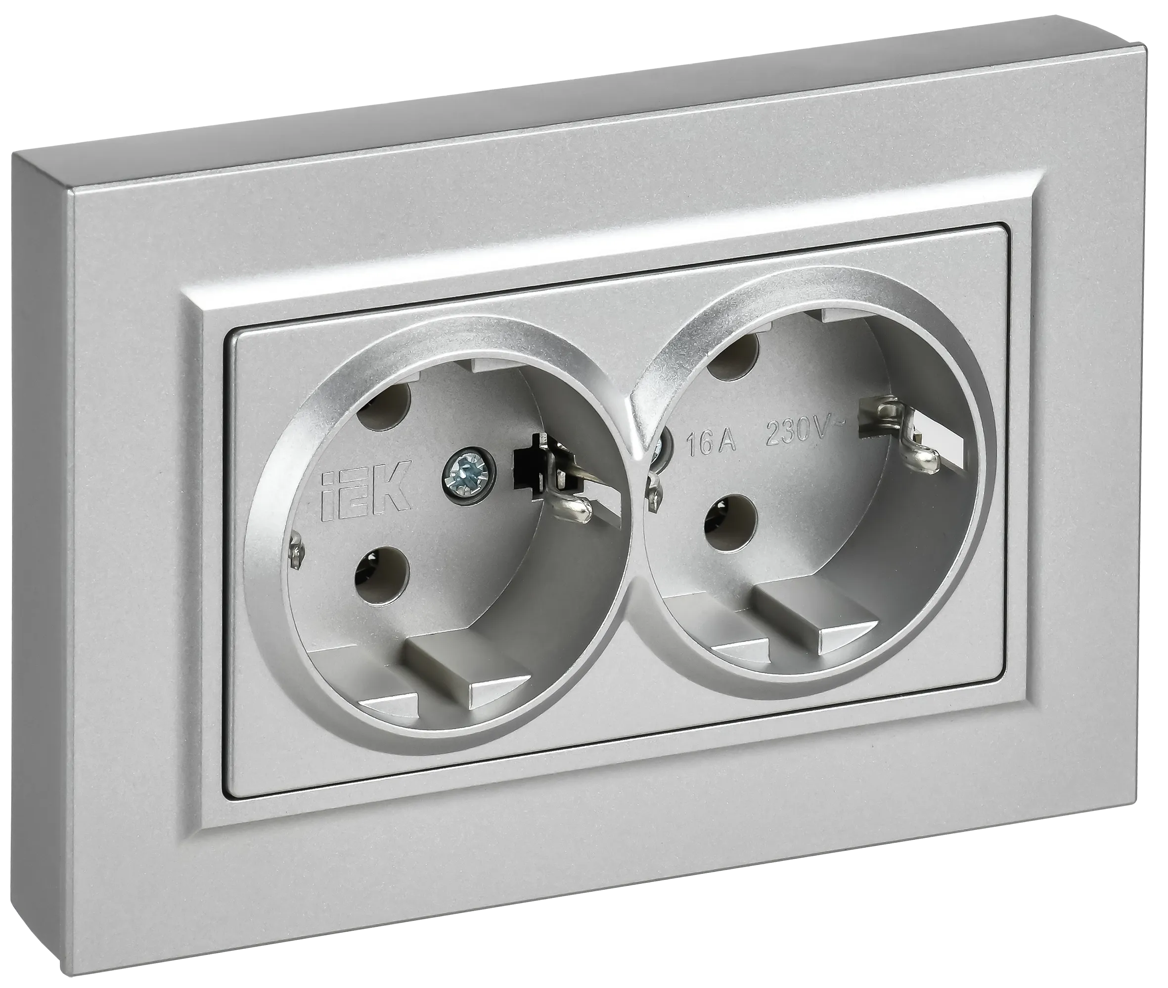 BRITE Розетка 2-местная с заземлением без защитных шторок плоская 16А в сборе РСПл12-3-БрА алюминий IEK BR-R27-16-K47-F