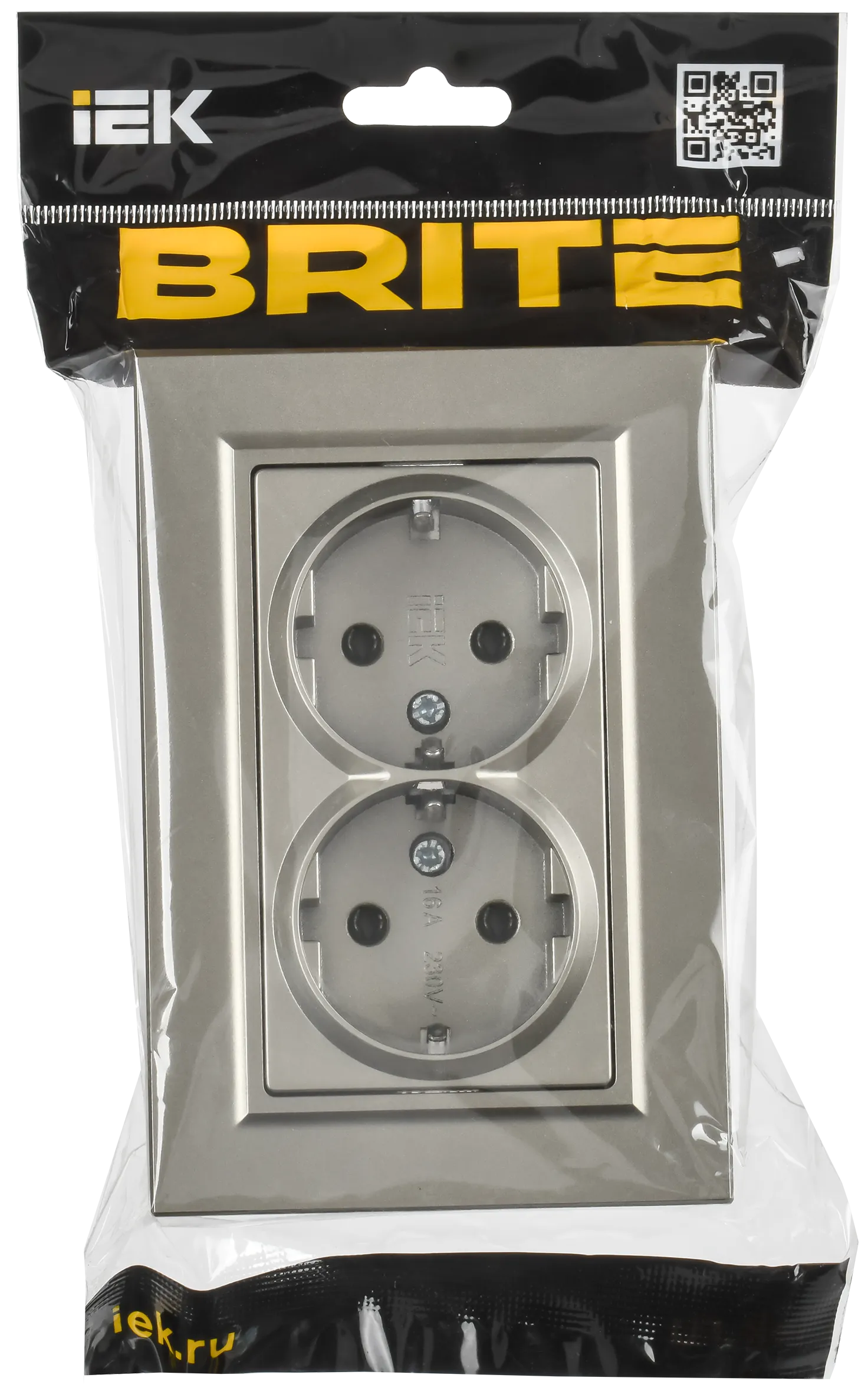 BRITE Розетка 2-местная с заземлением без защитных шторок плоская 16А в сборе РСПл12-3-БрШ шампань IEK - Фото 2