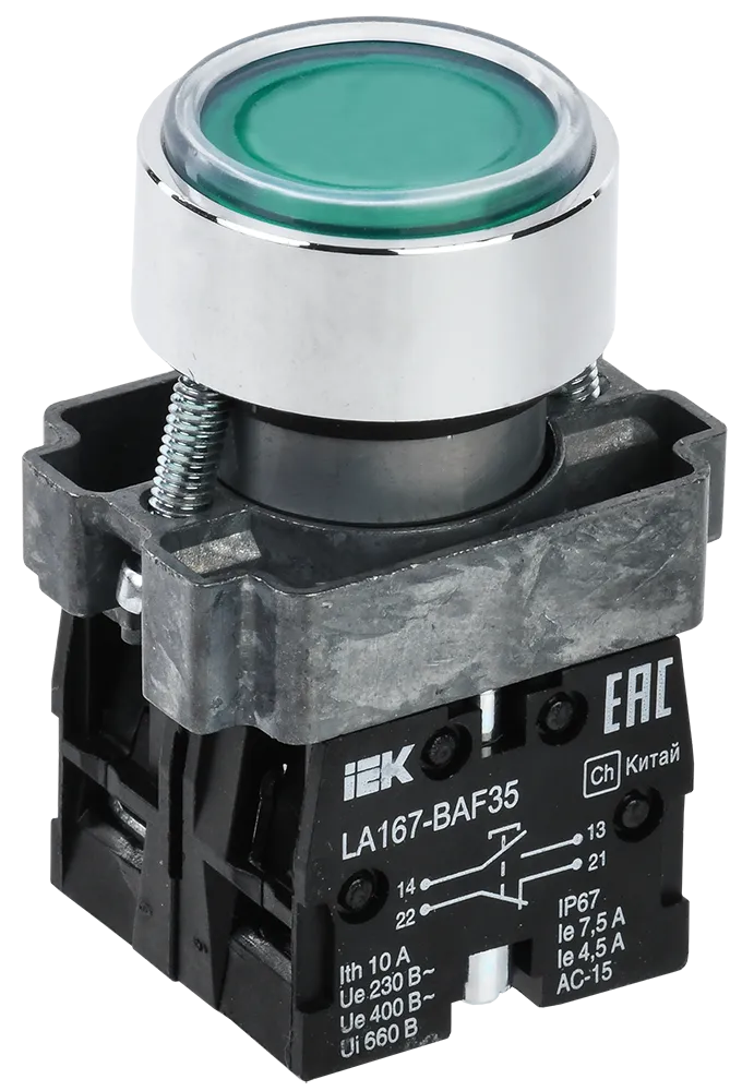 Кнопка управления LA167-BAF35 d=22мм 1з+1р зеленая IEK