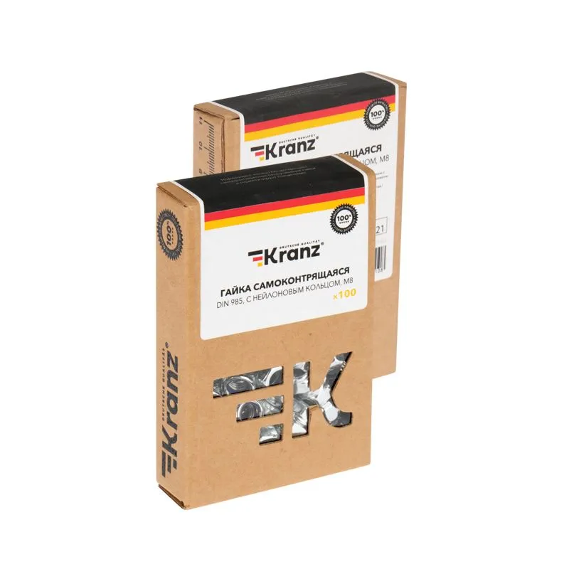 Гайка самоконтрящаяся DIN 985, с нейлоновым кольцом, M8 короб (100 шт/уп) KRANZ - Фото 3