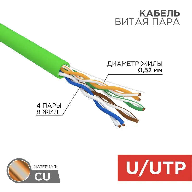 Кабель витая пара U/UTP, CAT 5e, нг(А)-HFLTx, 4х2х0,52мм, 24AWG, INDOOR, SOLID, зеленый, 305м REXANT 01-0062