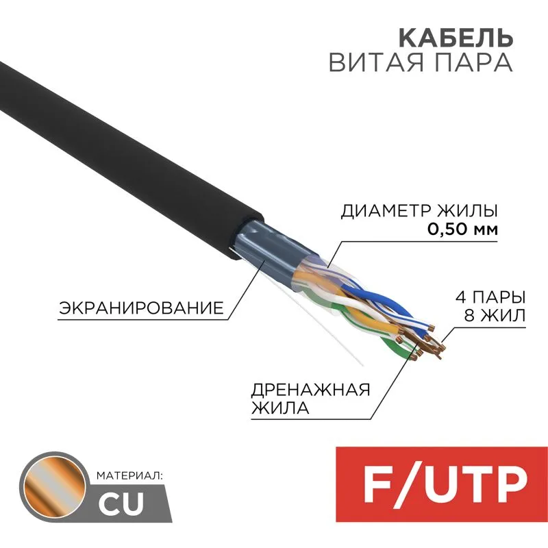 Кабель витая пара F/UTP, CAT 5e, ZH нг(А)-HF, 4PR, 24AWG, OUTDOOR, SOLID, черный, 305м, REXANT
