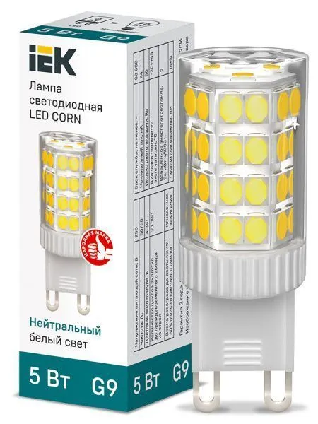 Лампа светодиодная CORN капсула 5Вт 230В 4000К керамика G9 IEK LLE-CORN-5-230-40-G9