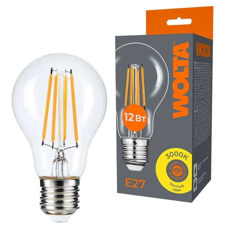 Светодиодная лампа WOLTA Filament, AC 220-240В, 50/60 Гц, прозрачное стекло,  "Груша",  A60, E27, 12 Вт, 1100 лм, 3000 К, 1/10/100 WF-A60-12W3KE27