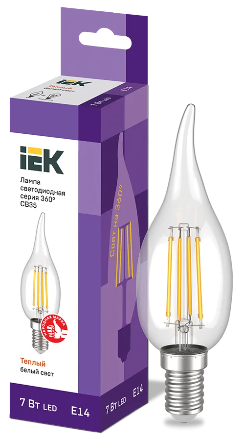 Лампа светодиодная CВ35 свеча на ветру прозрачная 7Вт 230В 3000К E14 серия 360° IEK LLF-CB35-7-230-30-E14-CL
