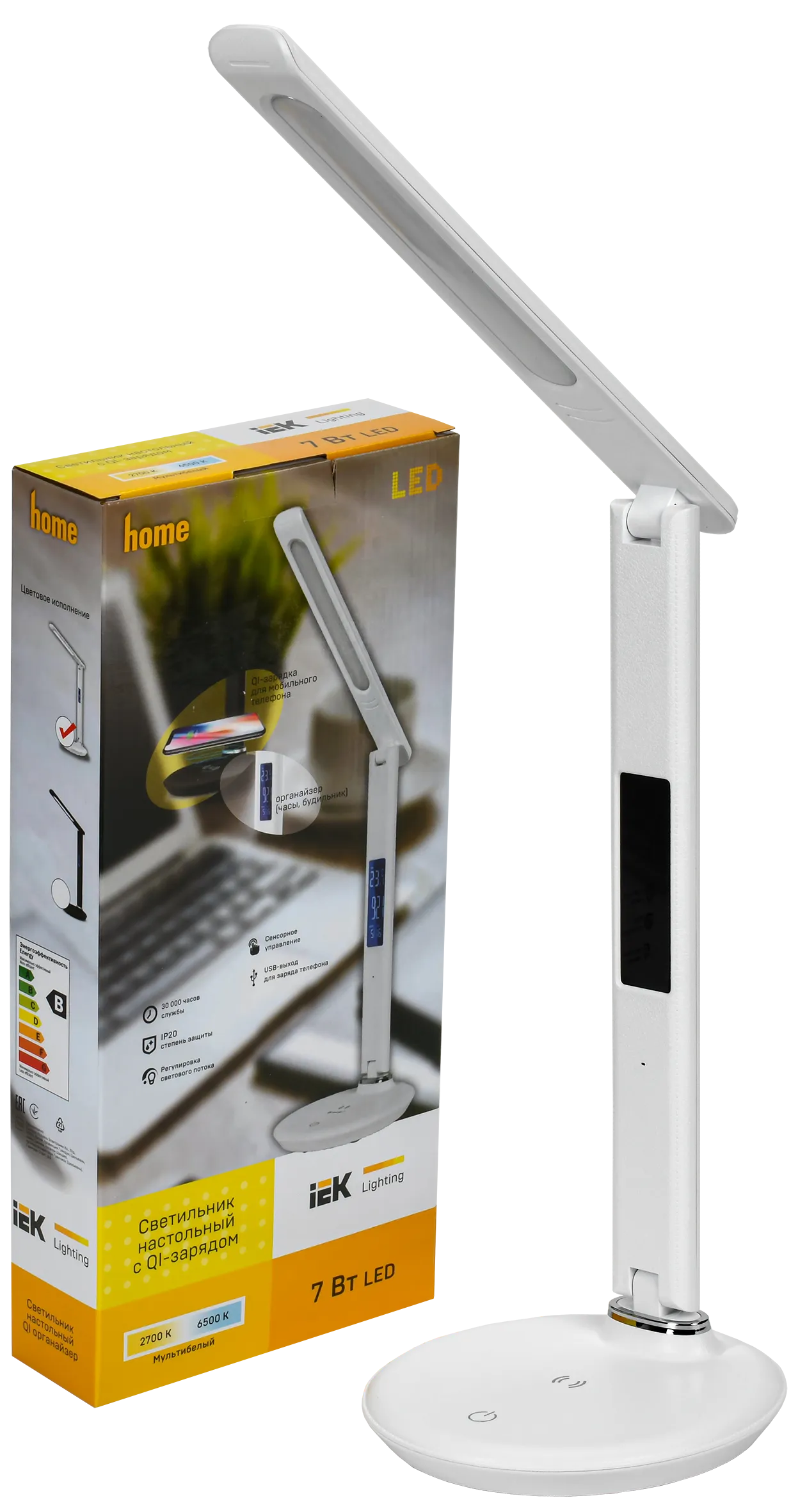 LIGHTING Светильник светодиодный настольный 2011 7Вт на подставке QI-заряд USB-выход кожа белый IEK - Фото 2