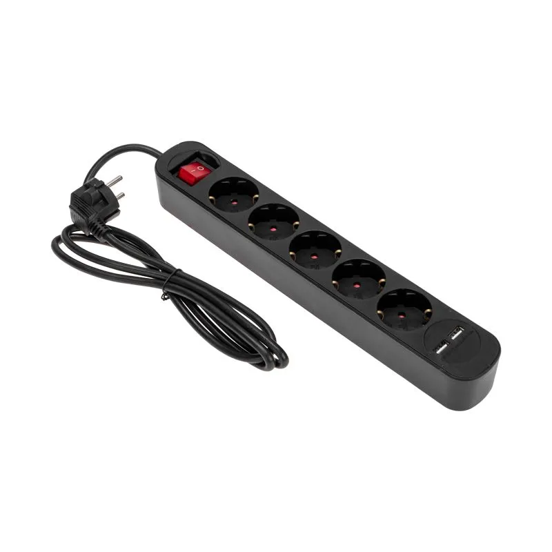 Удлинитель STANDARD 5 гнезд, 1,5м, 3х1,0мм², с/з, с выключателем, 2 USB, черный REXANT - Фото 2
