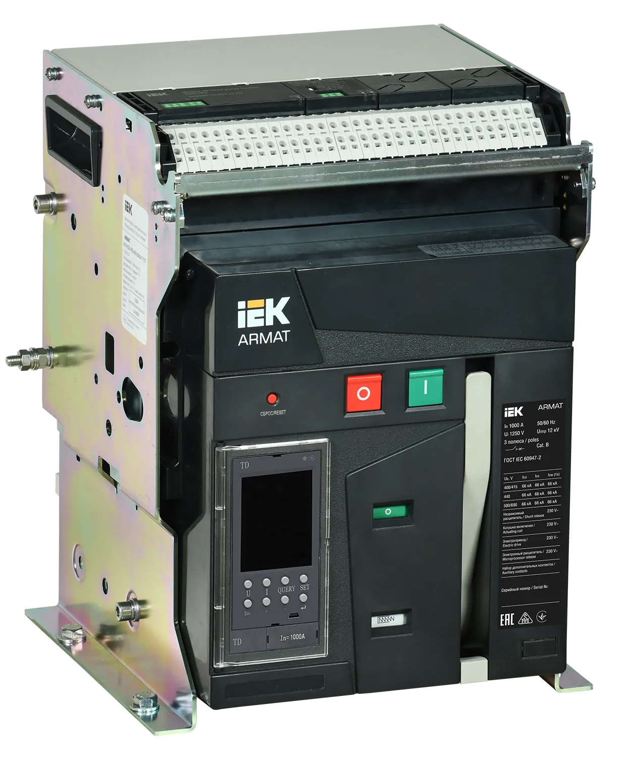 ARMAT AR-A2N TD10 3P F HR Выключатель автоматический воздушный 66кА расцепитель TD 1000А 3P стационарный с аксессуарами ~220-240В: реле отключения, ре