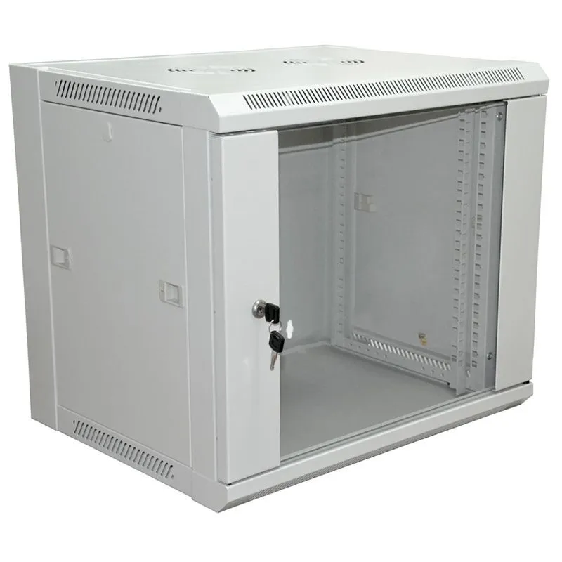 Шкаф настенный 19" 9U 600×450×500мм (ШxГxВ) - передняя дверь стекло, боковые стенки съемные (разобранный) RAL 7035 REXANT PRO 04-2201