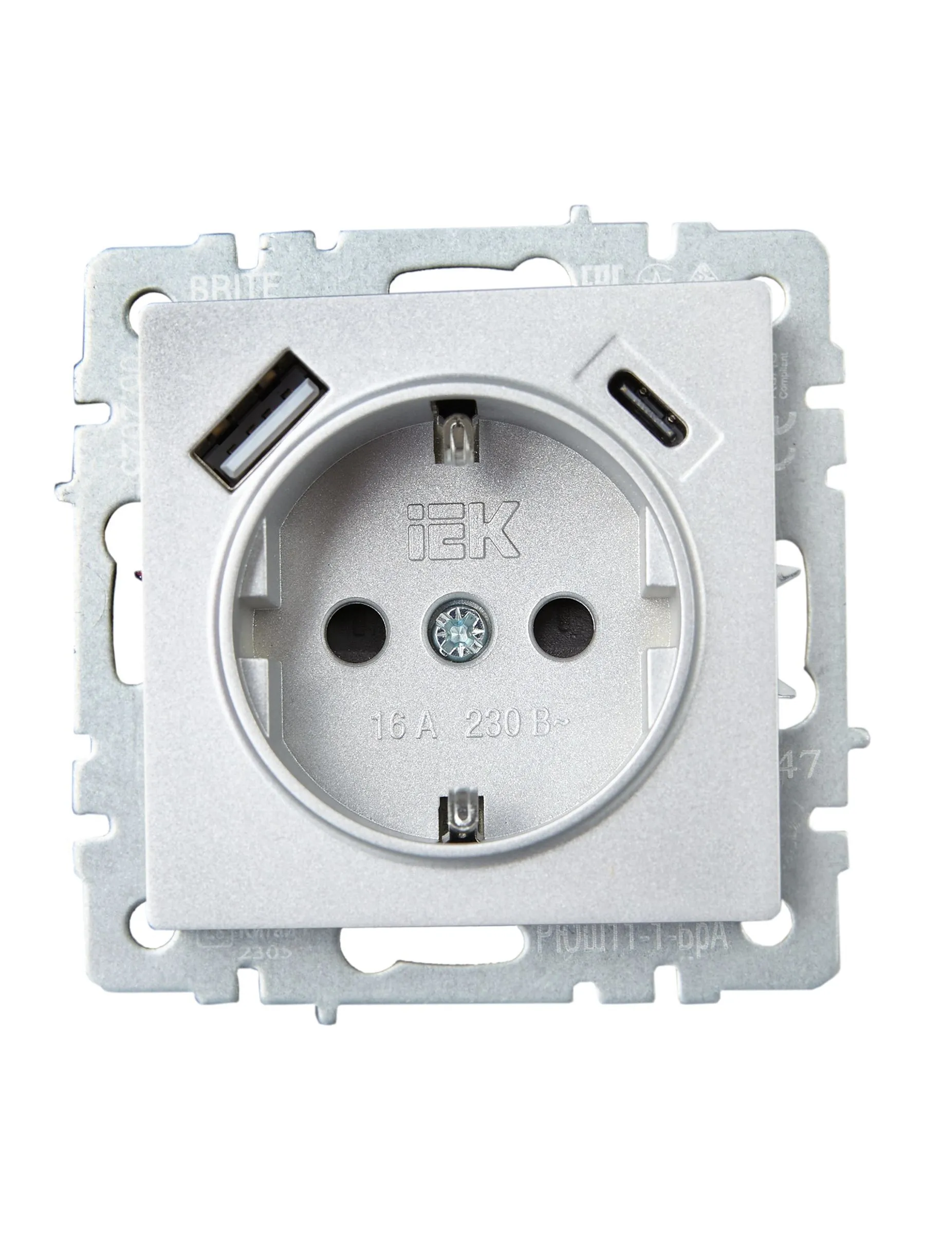 BRITE Розетка 1-местная с заземлением с защитными шторками 16А с USB A+C 18Вт РЮш11-1-БрА алюминий IEK - Фото 3