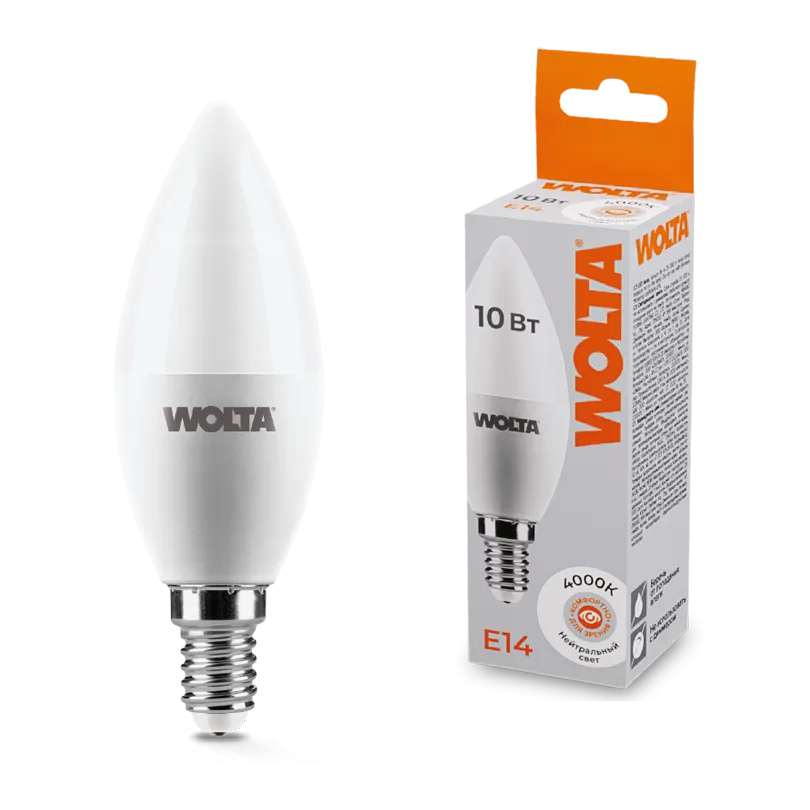 Лампа светодиодная "Свеча-C37" 10Вт 800лм 4000К Е14 (50шт/уп) WOLTA 25SC10E14