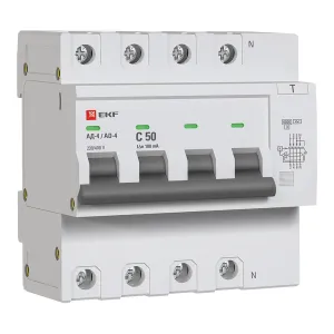 Диф. автомат 4P 50А 100мА тип АС х-ка C эл. 6кА АД-4 EKF DA4-6-50-100-pro