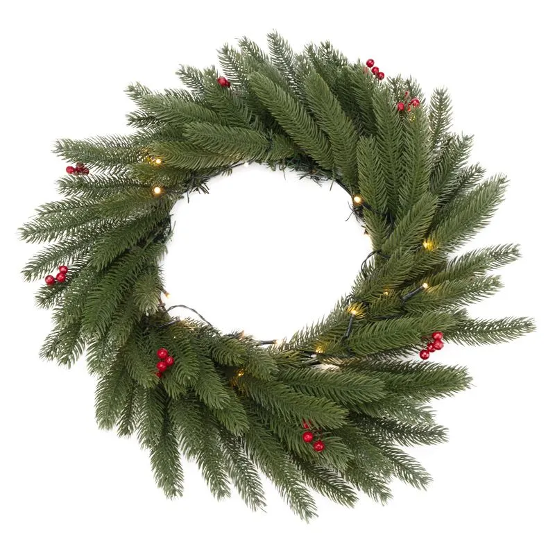 Еловый венок с ягодами и гирляндой NEON-NIGHT Ø 45 см, 20 LED, 2 х АА, литой, теплое белое свечение - Фото 3