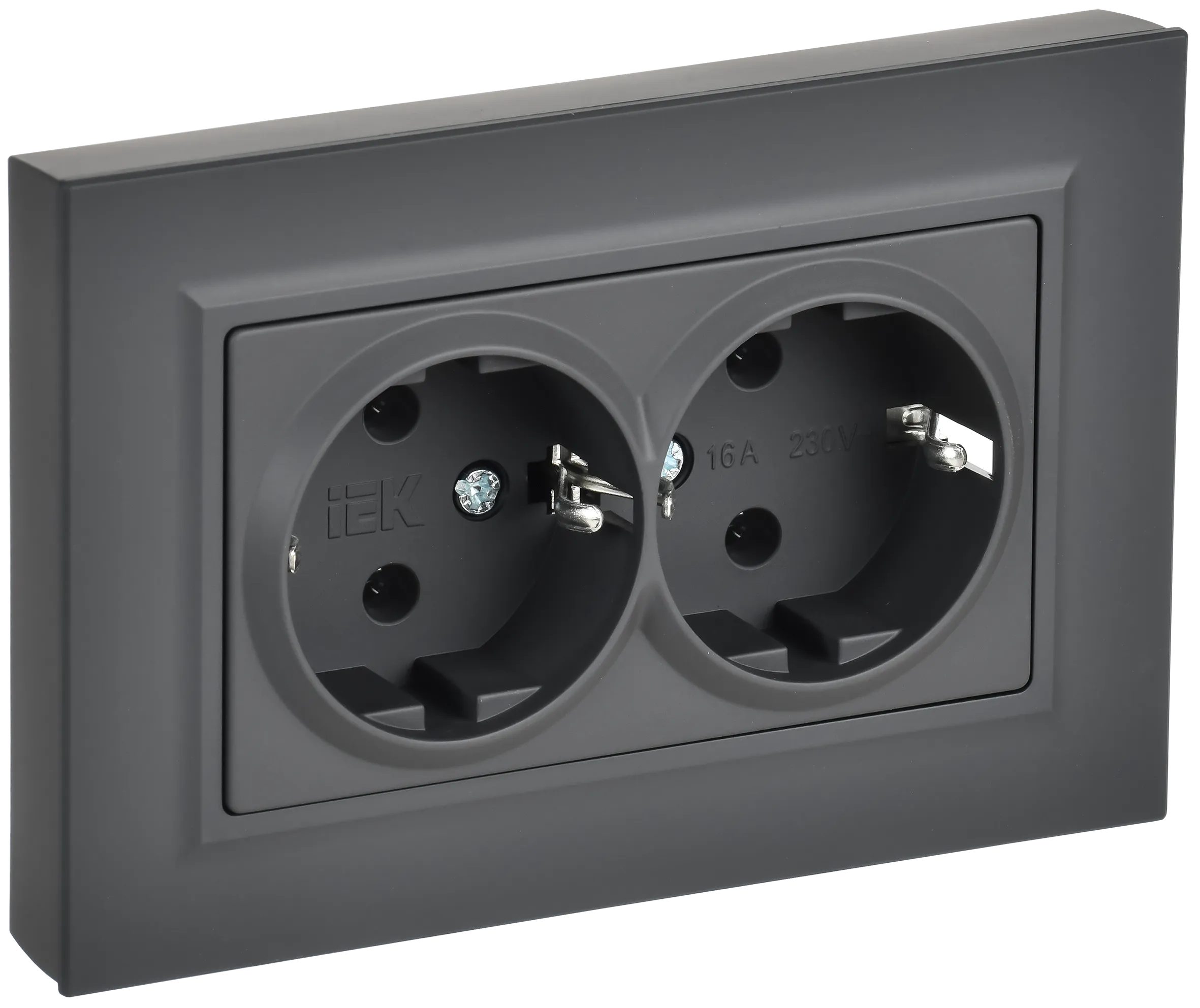 BRITE Розетка 2-местная с заземлением без защитных шторок плоская 16А в сборе РСПл12-3-БрГ графит IEK