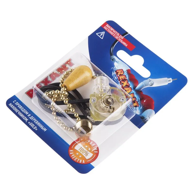 Выключатель для настенного светильника c проводом и деревянным наконечником, золотой, 1 шт. REXANT - Фото 4