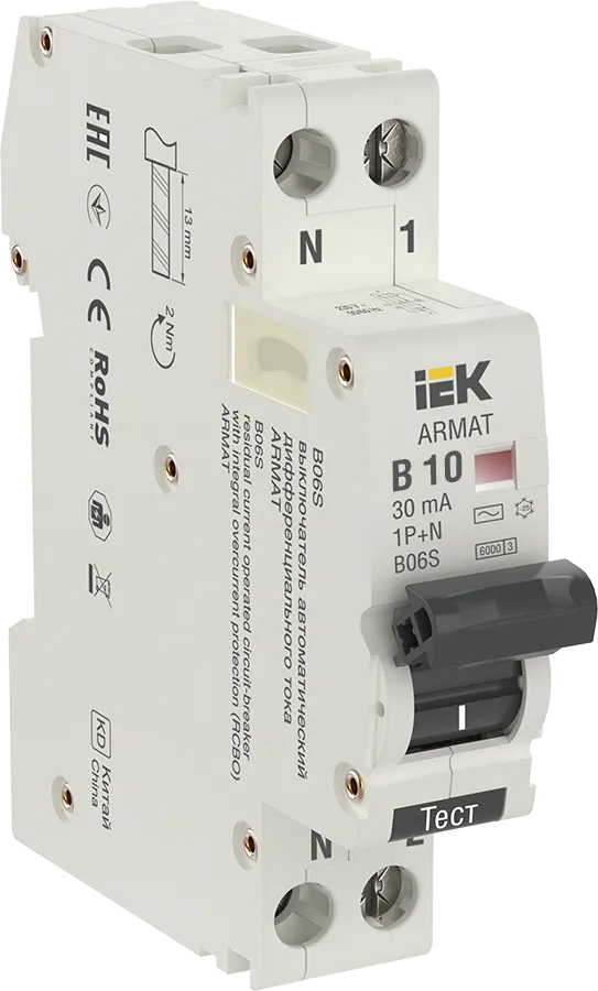 ARMAT Автоматический выключатель дифференциального тока B06S 1P+NP B10 30мА тип AC (18мм) IEK