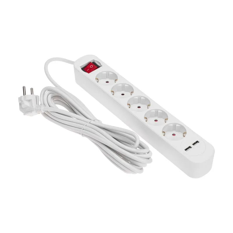 Удлинитель STANDARD 5 гнезд, 5м, 3х1,0мм², с/з, с выключателем, 2 USB, белый REXANT - Фото 2