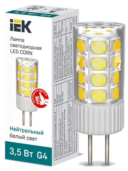 Лампа светодиодная CORN капсула 3,5Вт 230В 4000К керамика G4 IEK LLE-CORN-4-230-40-G4
