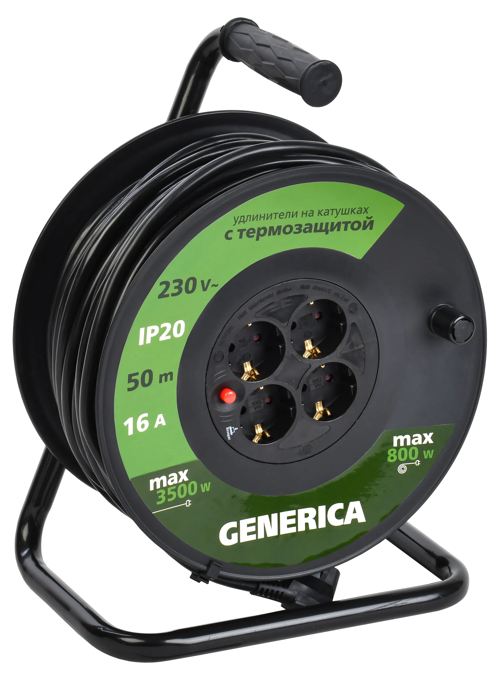 Катушка УК50 с термозащитой 4 места 2P+PE/50м 3х1,5мм2 GENERICA - Фото 2