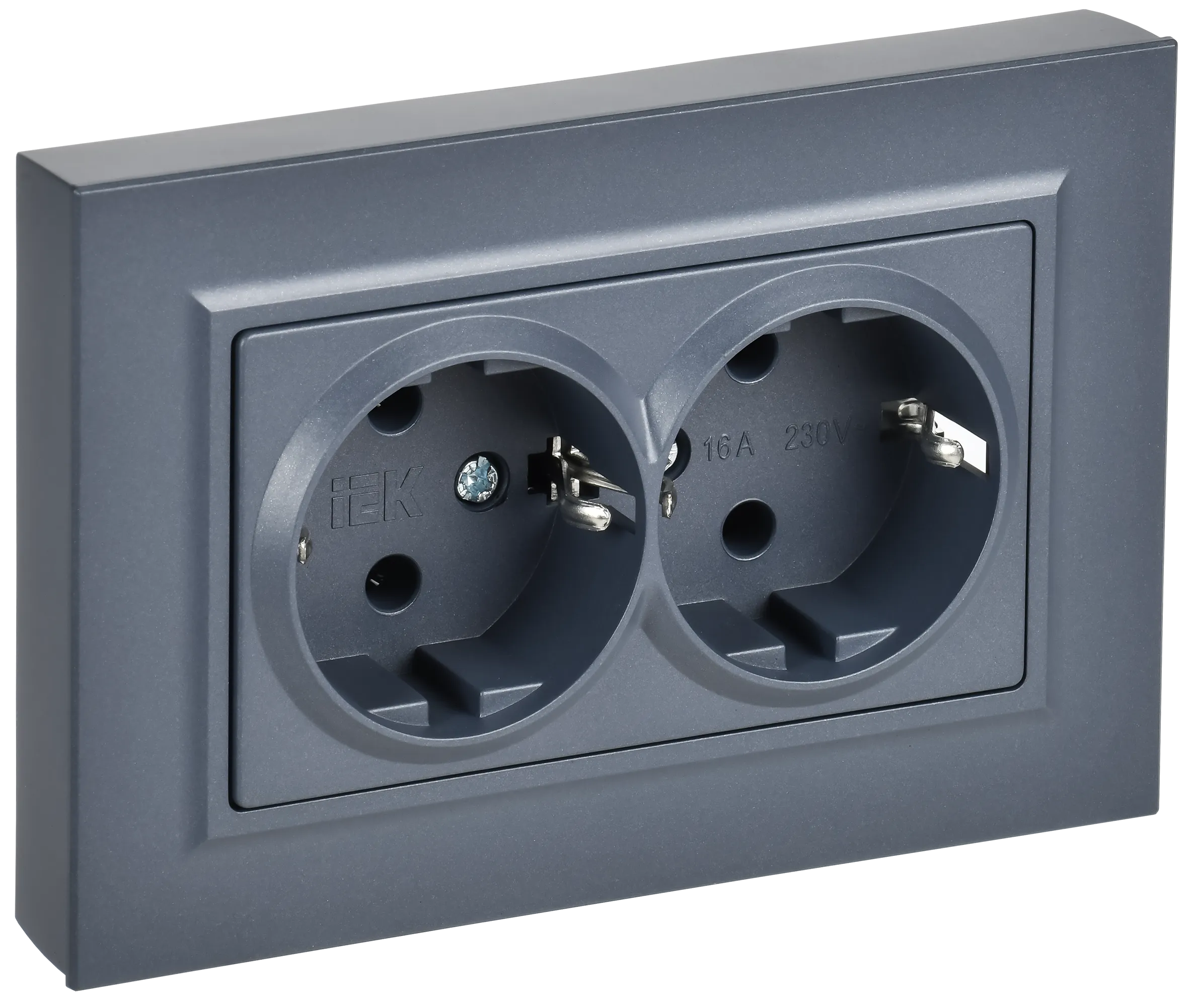 BRITE Розетка 2-местная с заземлением без защитных шторок плоская 16А в сборе РСПл12-3-БрМ маренго IEK